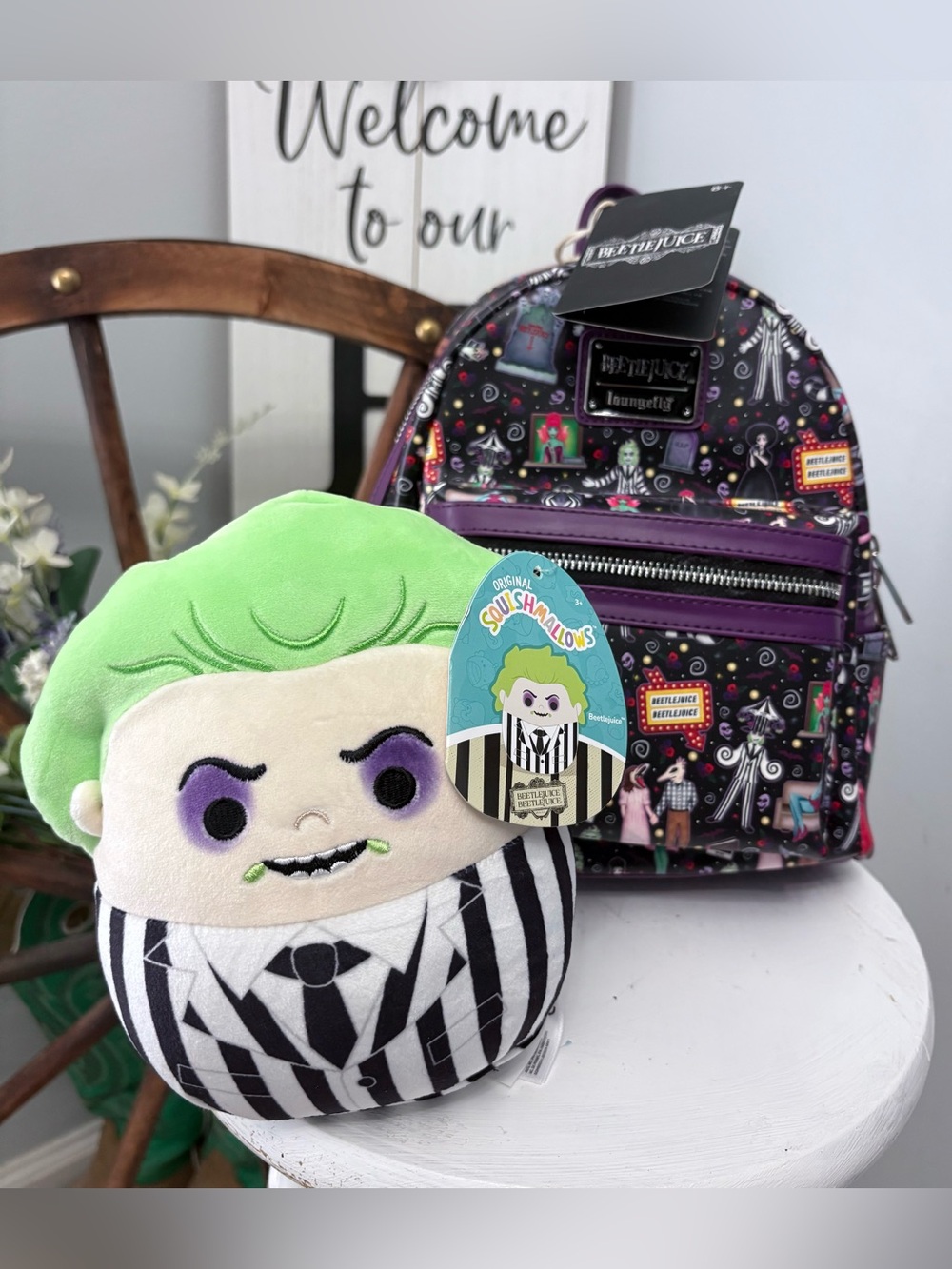 LOUNGEFLY Beetlejuice Green-Accented Plush Squishmallow & Mini Backpack Set